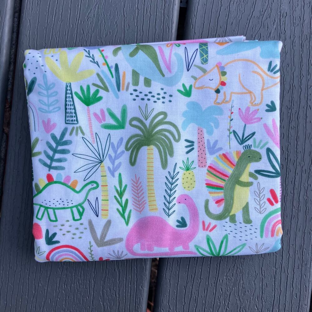 Dear Stella I’m Rexy and I Know It fabric, white colorful dinosaurs kids print